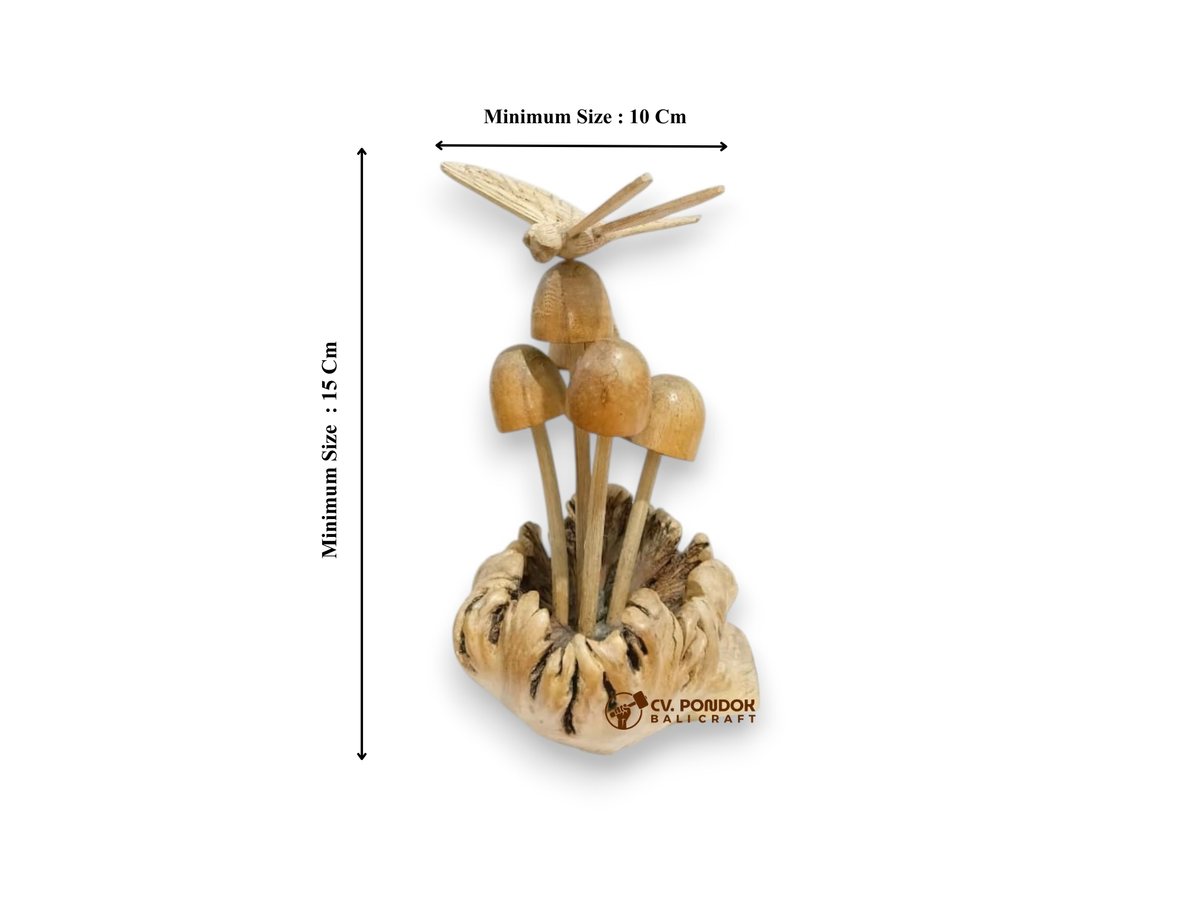 Hand Carved Wooden Dragonfly and Mushroom on Natural Rootwood Sculpture