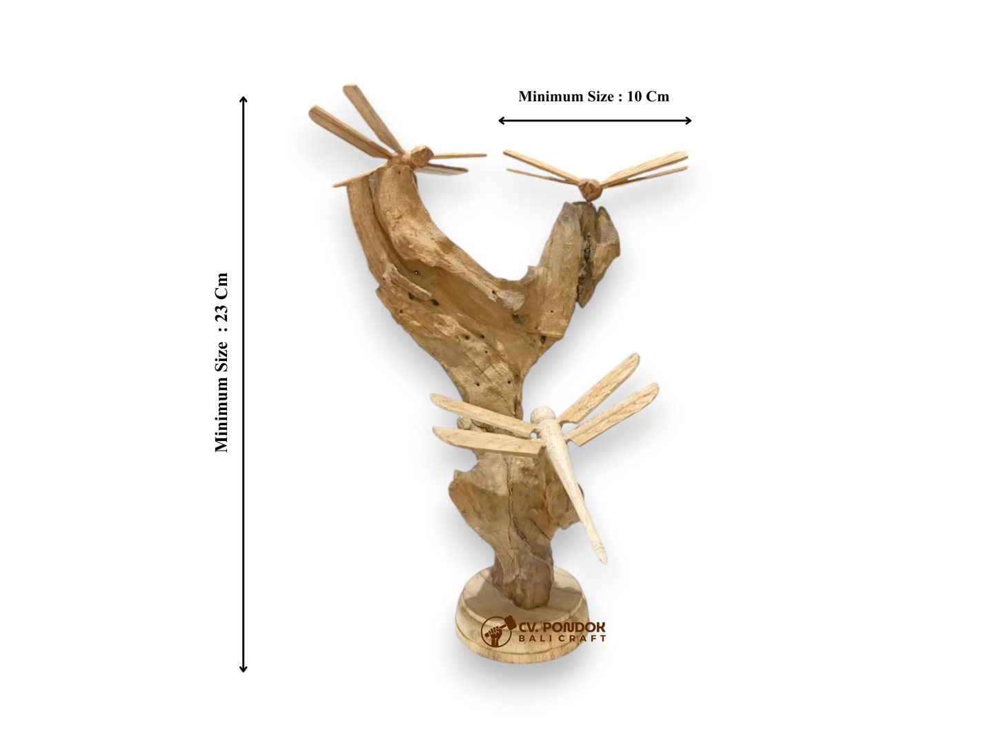 Three Hand Carved Wooden Dragonflies on Natural Rootwood Sculpture