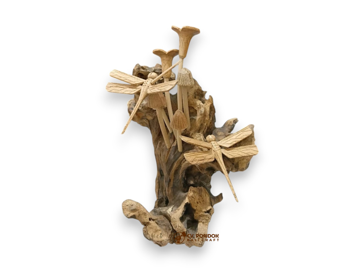 Two hand-carved wooden dragonflies resting among mushrooms on a tall natural rootwood sculpture