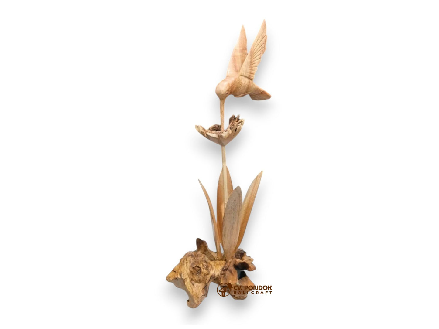 Hand-carved wooden hummingbird feeding from a flower on rootwood base, minimum 23 cm tall