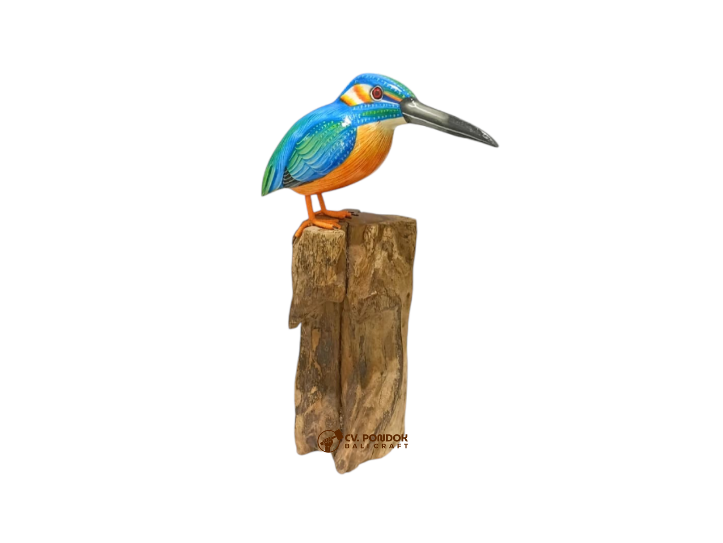 Hand-painted blue and orange wooden kingfisher with a long black beak perched on tall natural rootwood