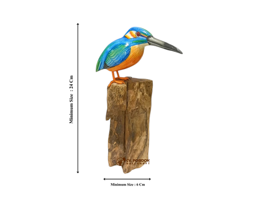 Hand Painted Wooden Kingfisher Bird on Natural Rootwood Sculpture