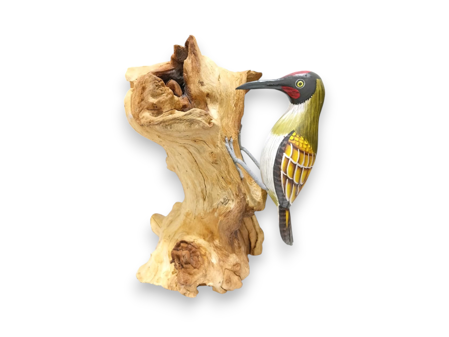 Hand Painted Green Wooden Woodpecker on Natural Rootwood Sculpture