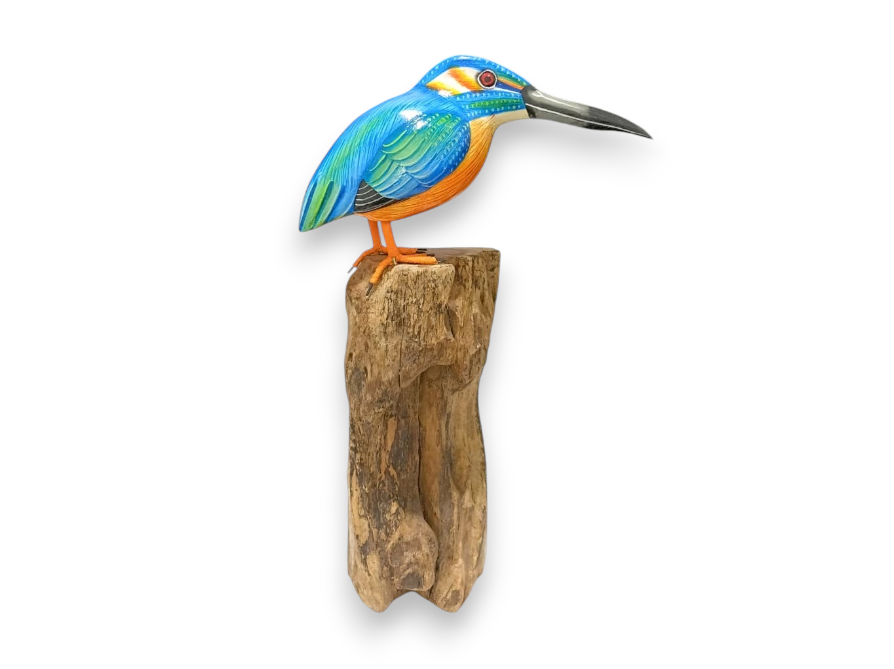 Hand Painted Wooden Kingfisher Bird on Natural Rootwood Sculpture