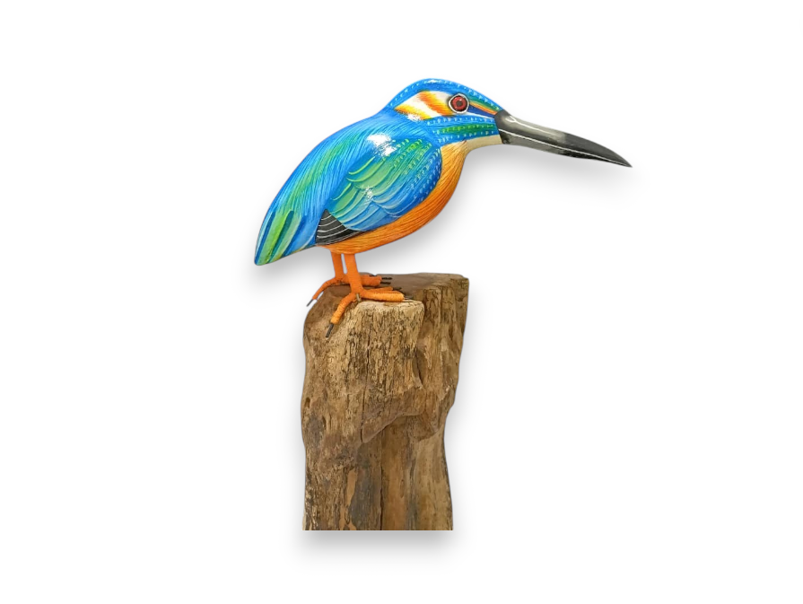 Hand Painted Wooden Kingfisher Bird on Natural Rootwood Sculpture