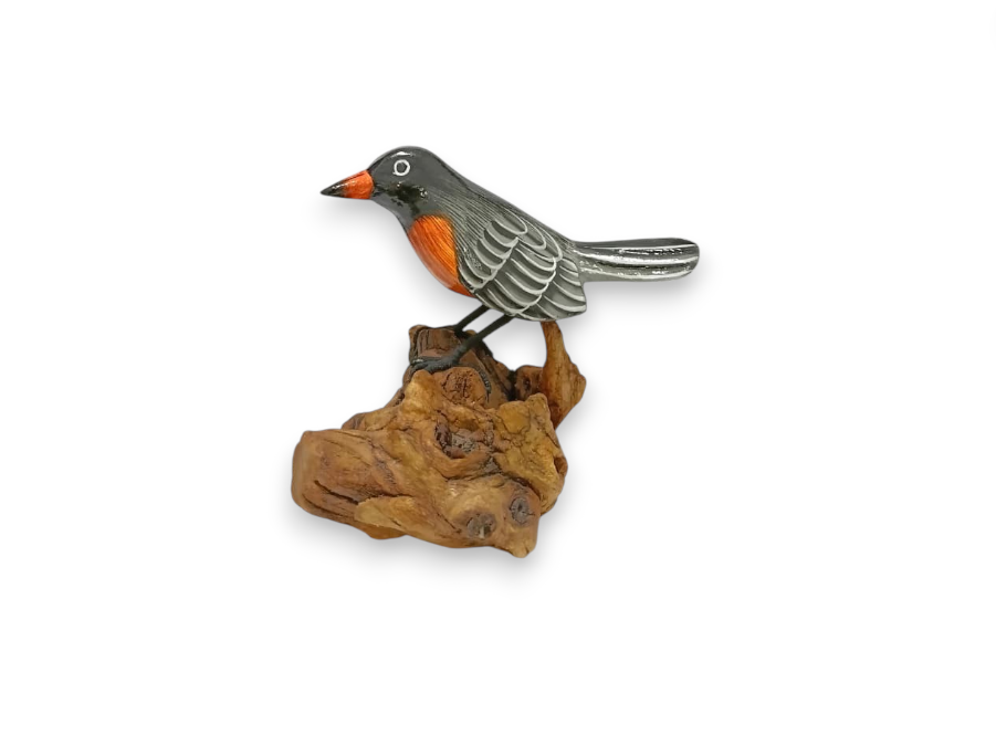 Hand Painted Orange-Breasted Wooden Songbird on Rootwood Sculpture