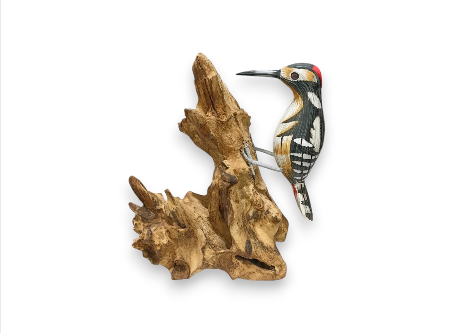 Hand Painted Red-Crowned Spotted Woodpecker on Rootwood Sculpture