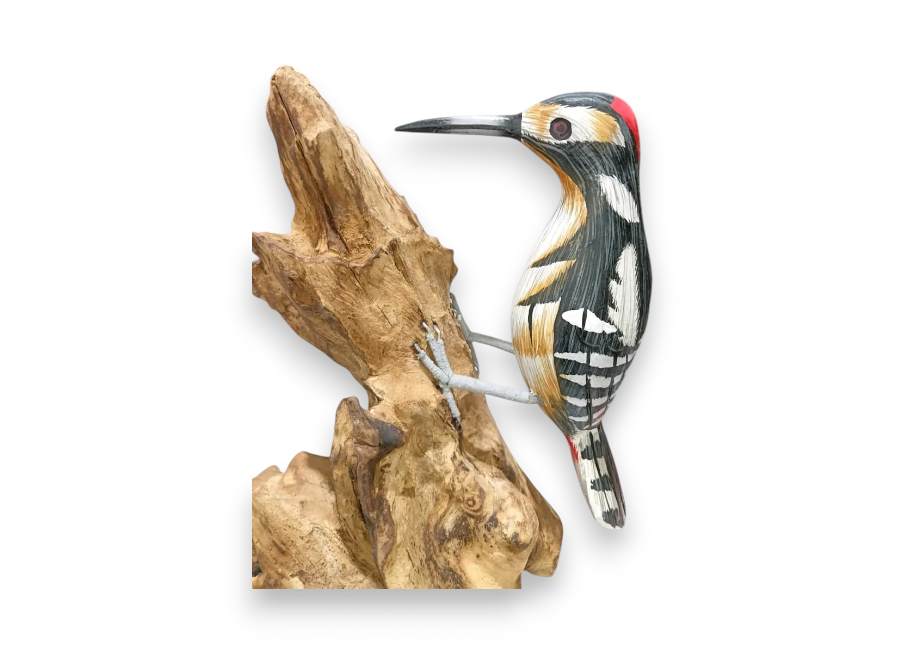 Hand Painted Red-Crowned Spotted Woodpecker on Rootwood Sculpture