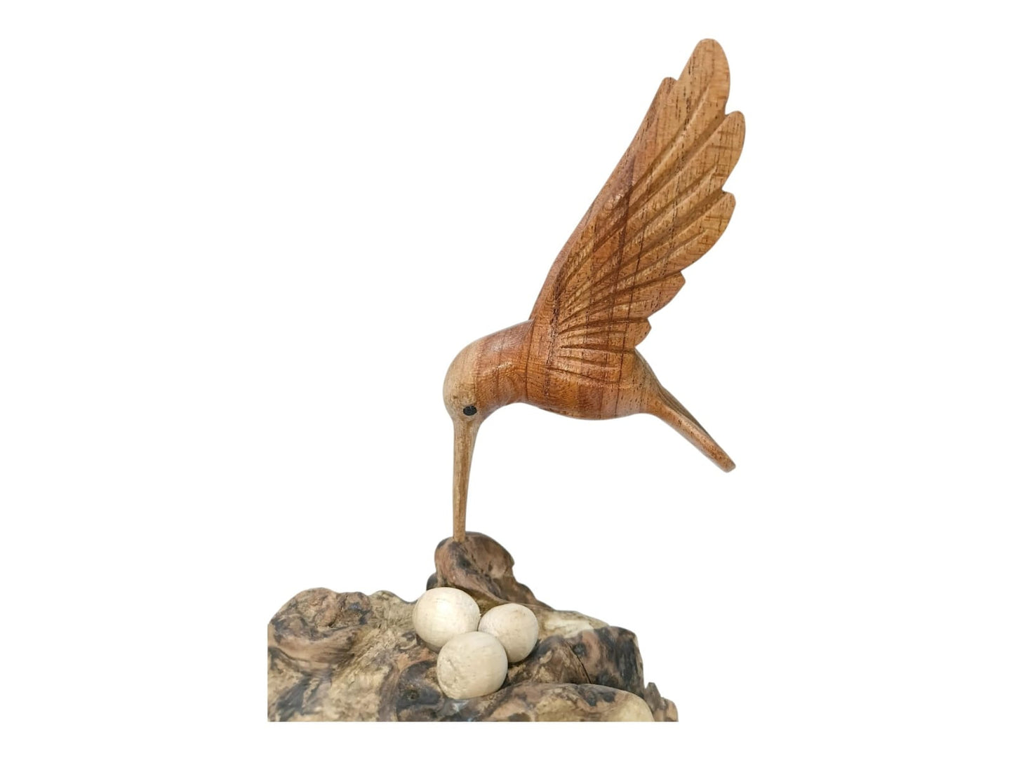 Hand Carved Wooden Hummingbird with Nest and 3 Eggs Sculpture