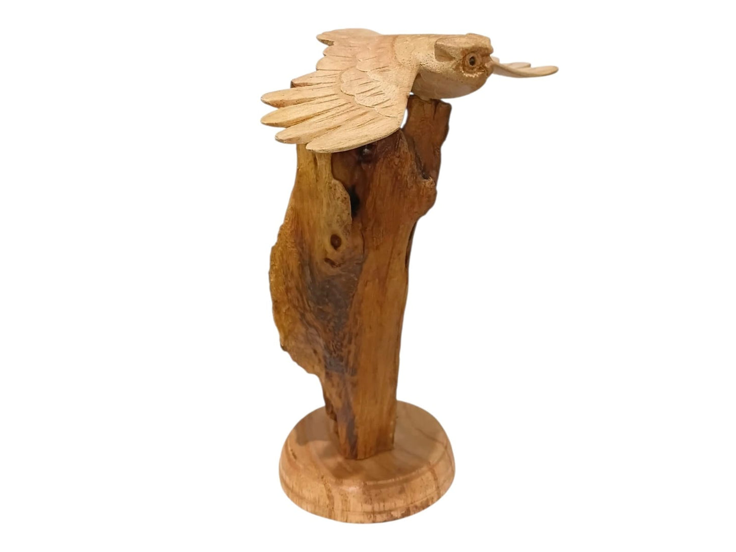 Hand Carved Wooden Flying Owl Sculpture on Natural Rootwood