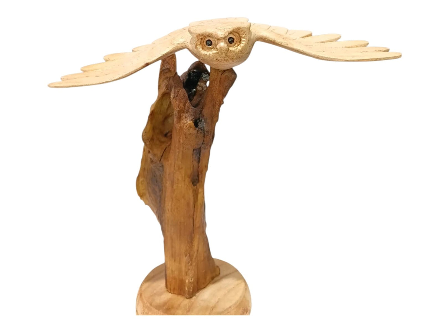 Hand Carved Wooden Flying Owl Sculpture on Natural Rootwood