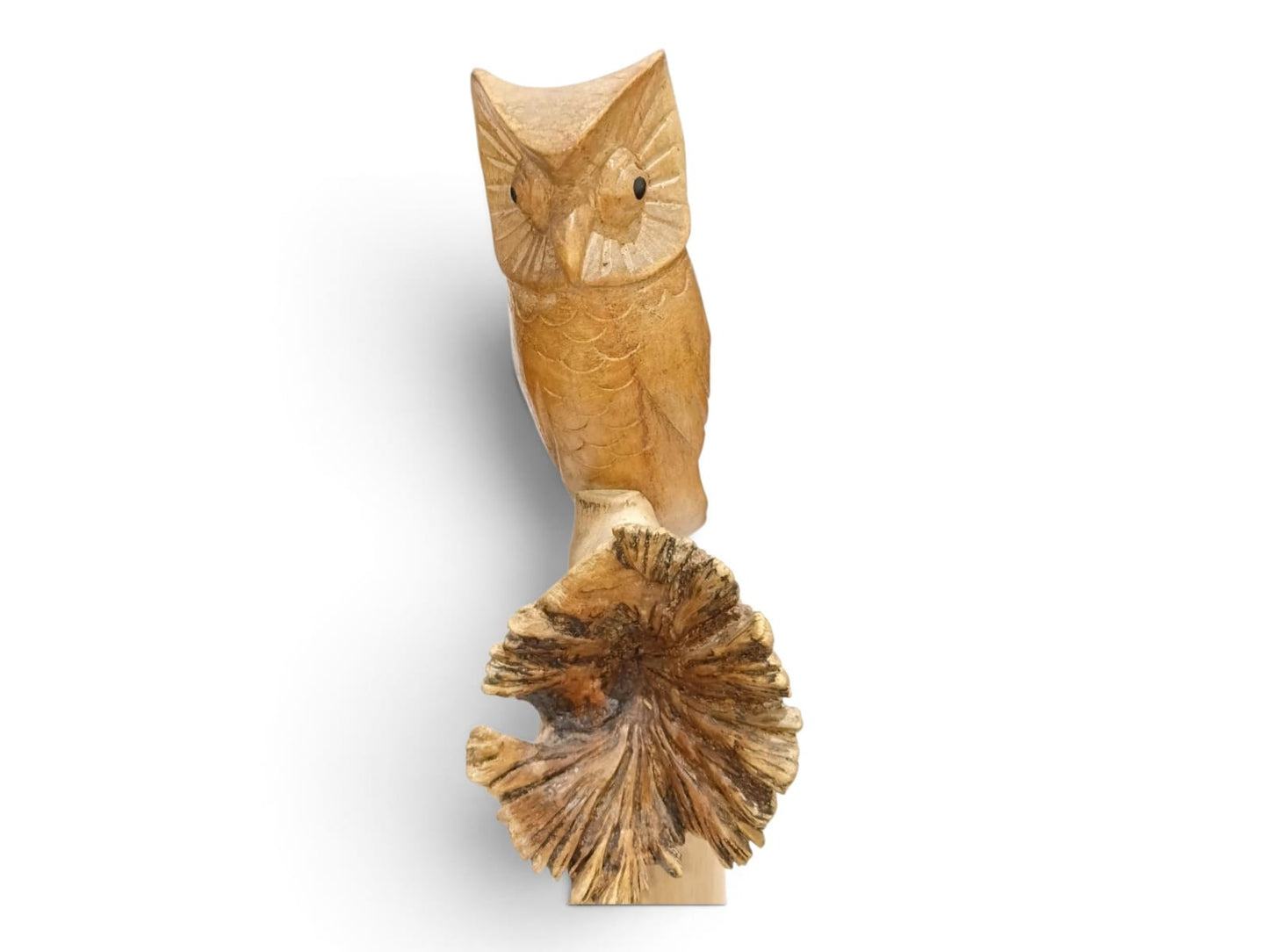 Hand Carved Wooden Owl with Mushrooms Tabletop Sculpture
