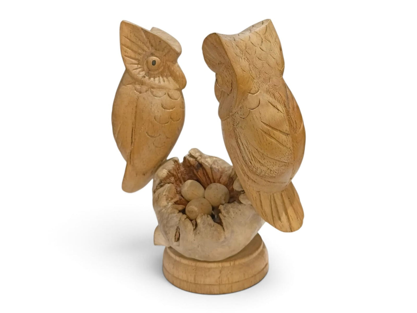 Hand Carved Wooden Owl Couple with Nest and 3 Eggs Sculpture