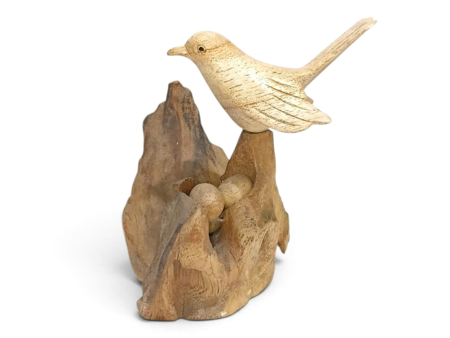 Hand Carved Wooden Bird with Nest and 3 Eggs Rootwood Sculpture