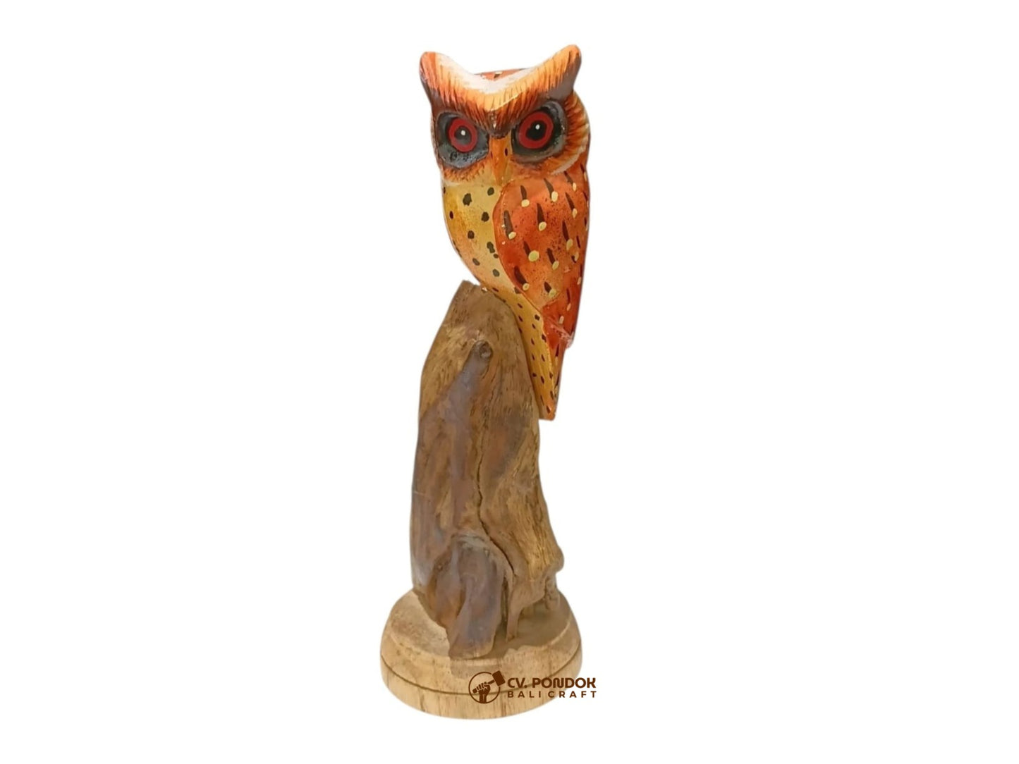 Hand-painted orange wooden owl perched on a natural rootwood trunk with a round wooden display base