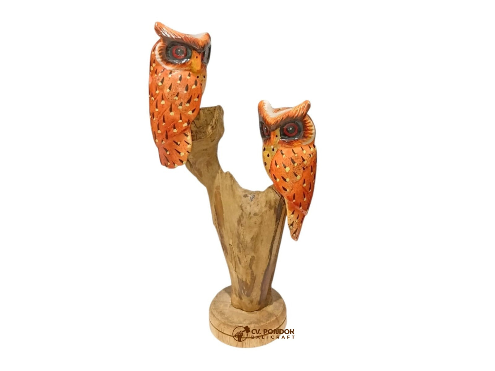 Two hand-painted orange wooden owls perched on opposite branches of a natural rootwood trunk with a round base