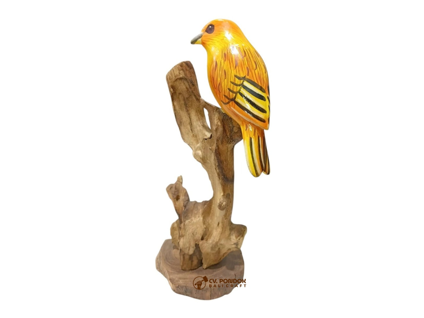 Hand-painted yellow wooden songbird perched on a naturally shaped rootwood branch with a solid wooden base