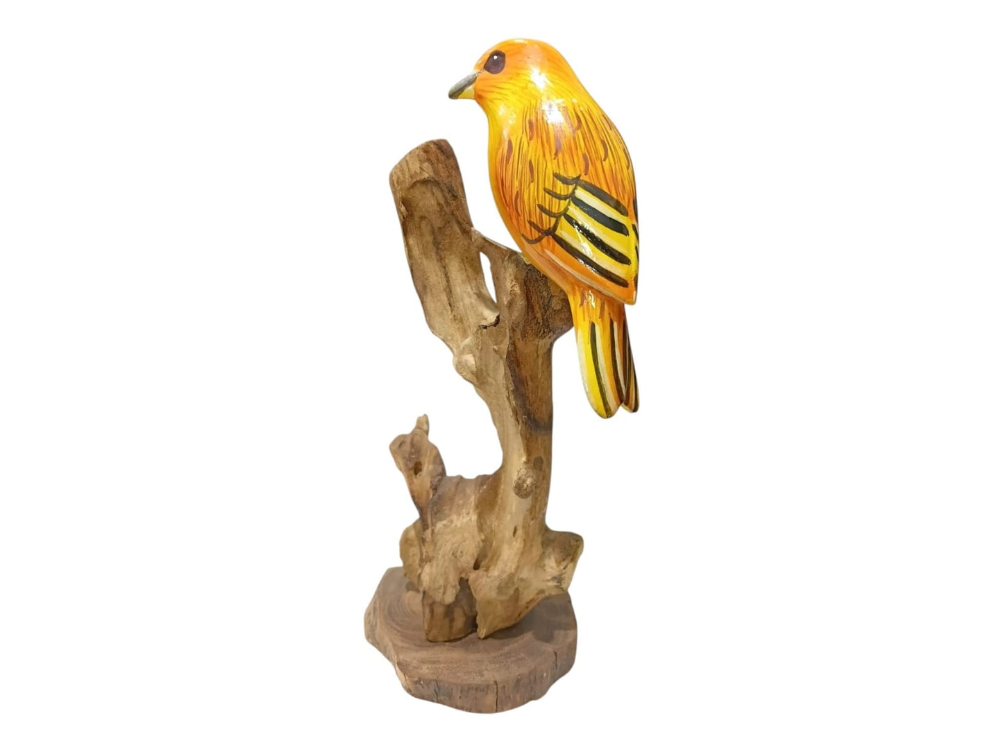 Hand Painted Yellow Wooden Bird on Natural Rootwood Sculpture