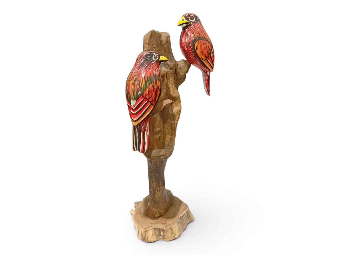 Hand Painted Red Wooden Bird Couple on Natural Rootwood Sculpture