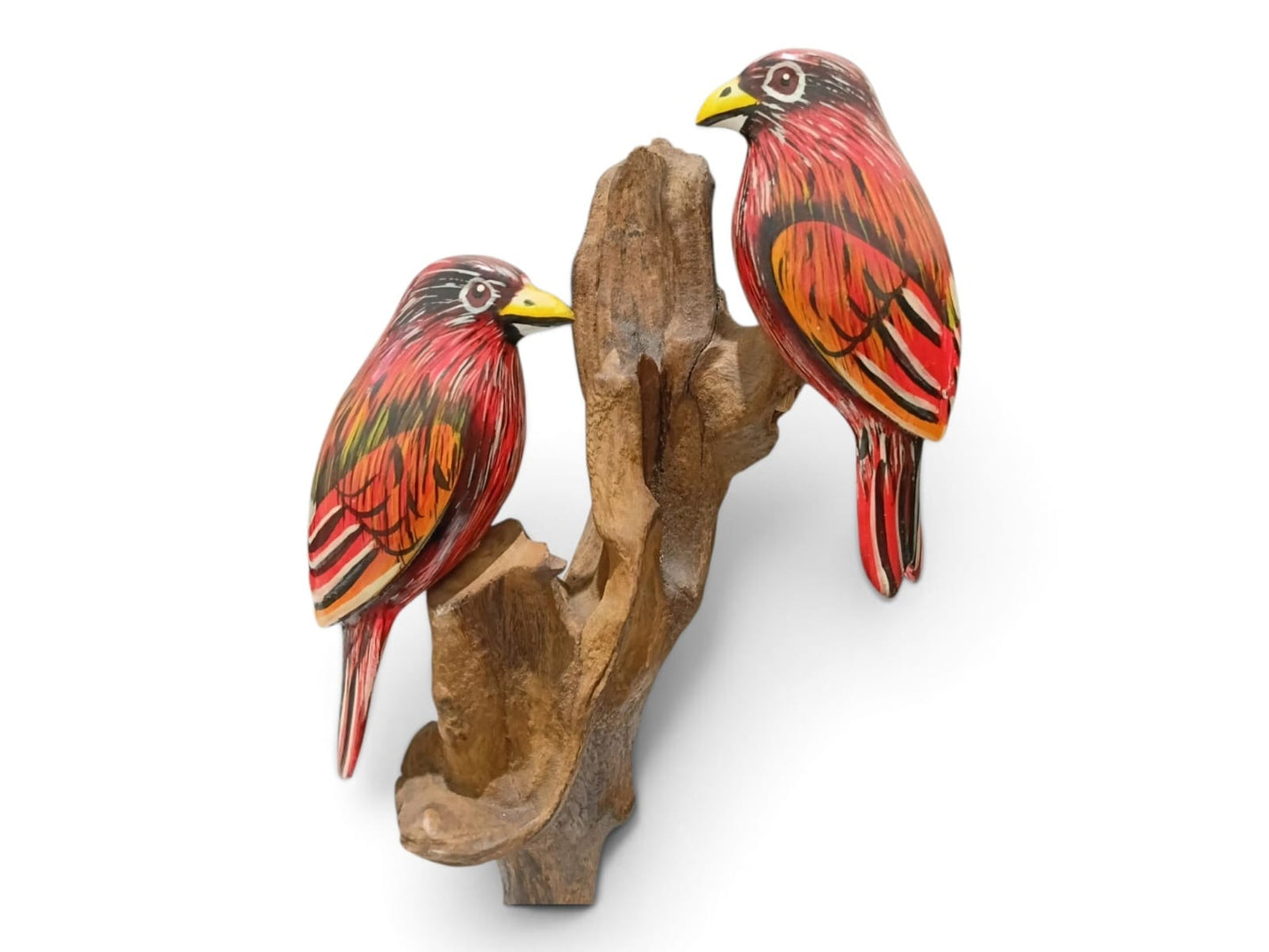 Hand Painted Red Wooden Bird Couple on Natural Rootwood Sculpture