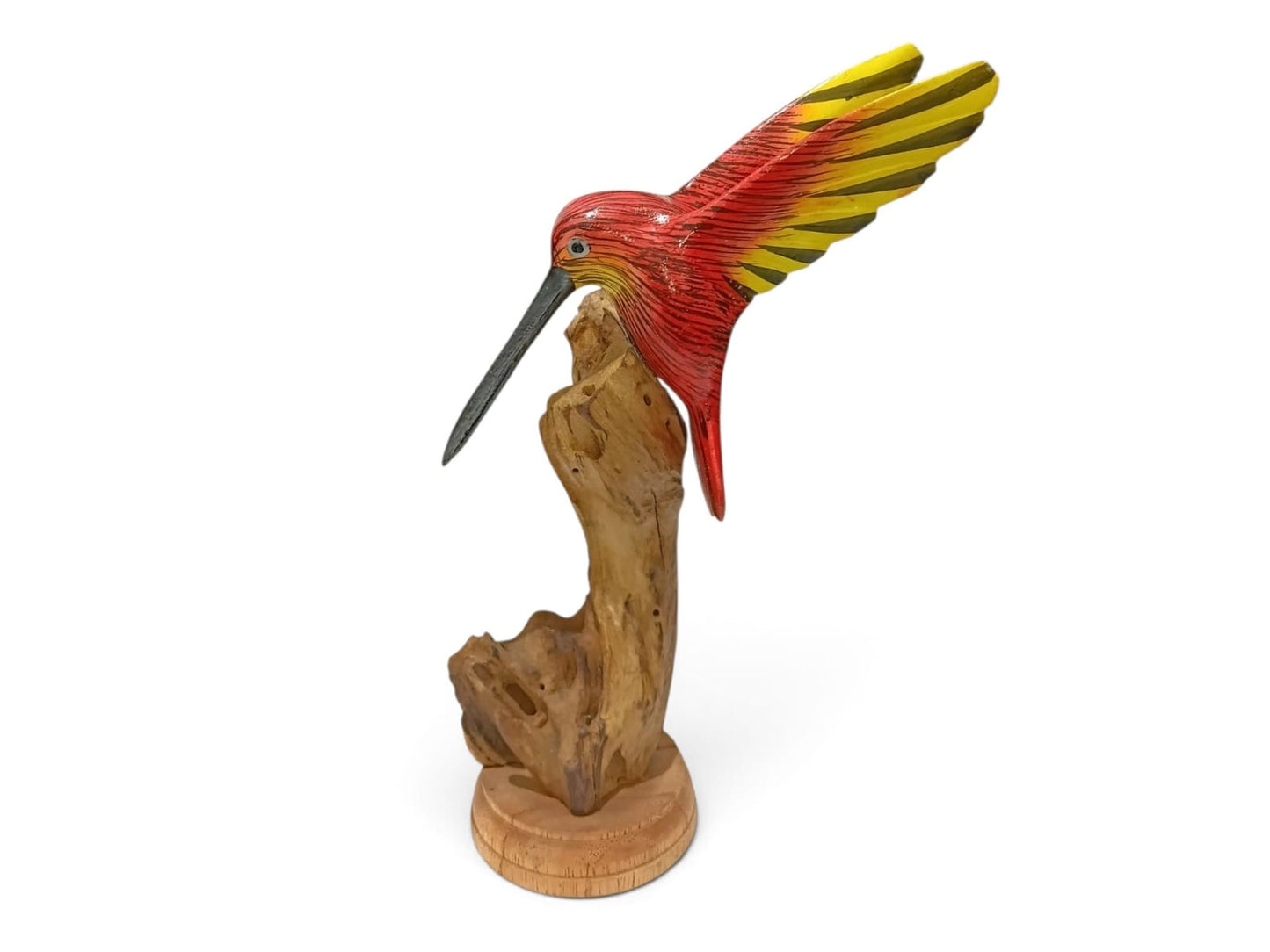 Hand Painted Red Wooden Hummingbird on Natural Rootwood Sculpture