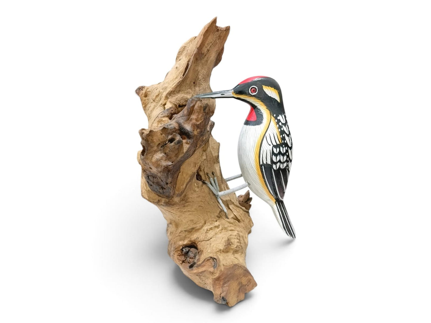 Hand Painted Black and White Wooden Woodpecker on Rootwood Sculpture