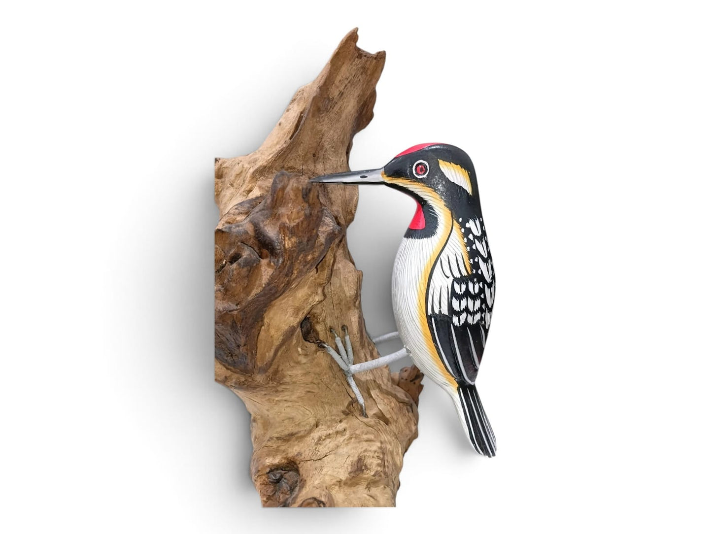 Hand Painted Black and White Wooden Woodpecker on Rootwood Sculpture