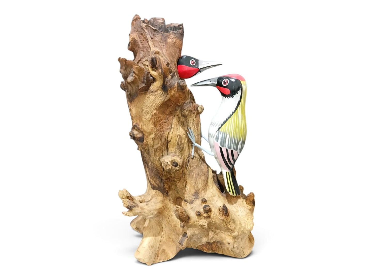 Hand Painted Wooden Woodpecker Feeding Chick on Rootwood Sculpture