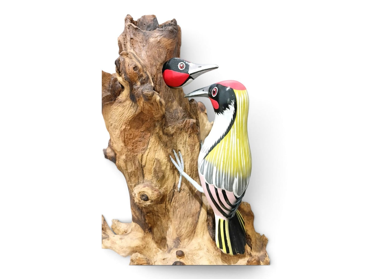 Hand Painted Wooden Woodpecker Feeding Chick on Rootwood Sculpture