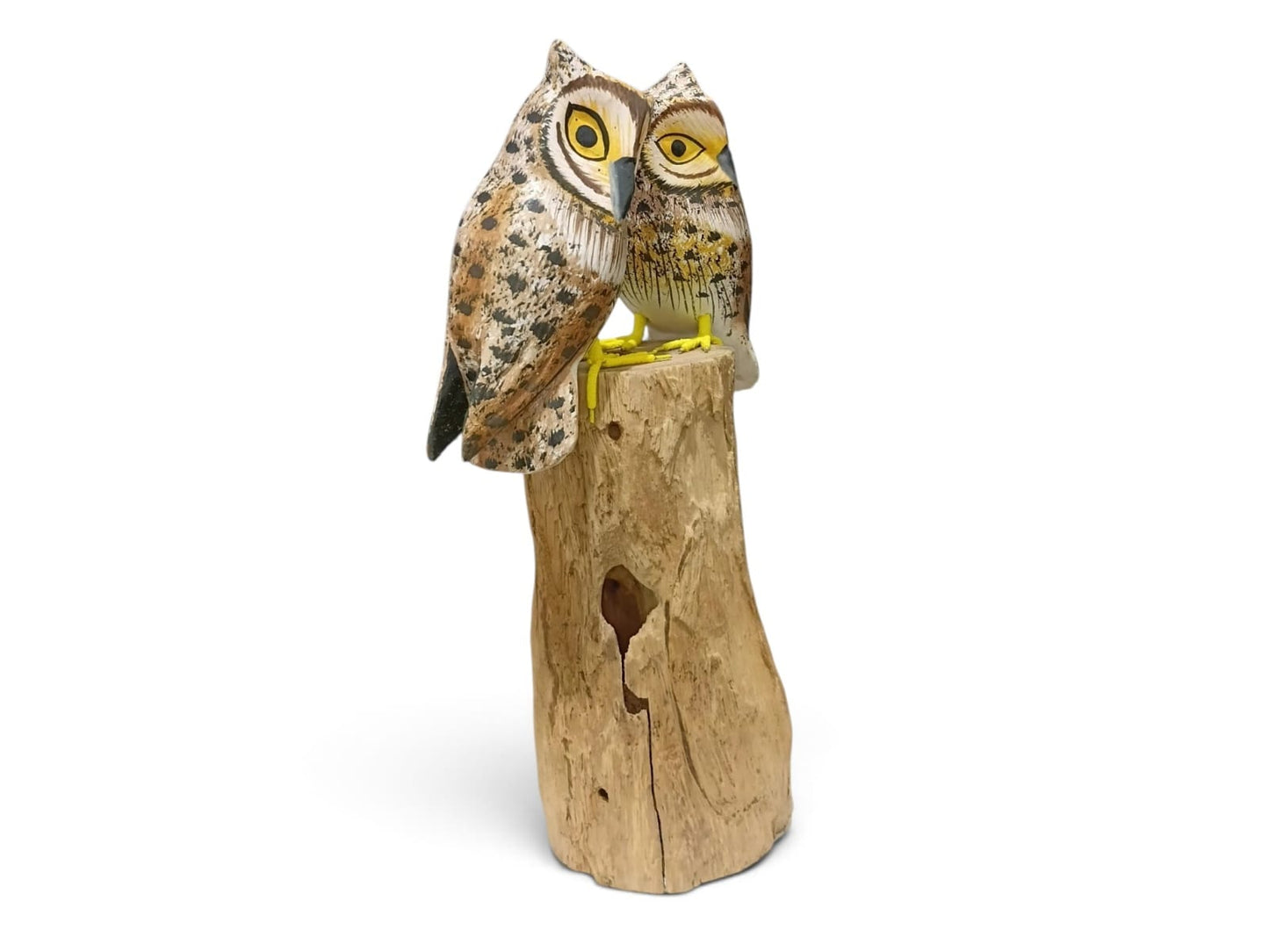 Hand Painted Brown Wooden Owl Couple on Tall Rootwood Sculpture