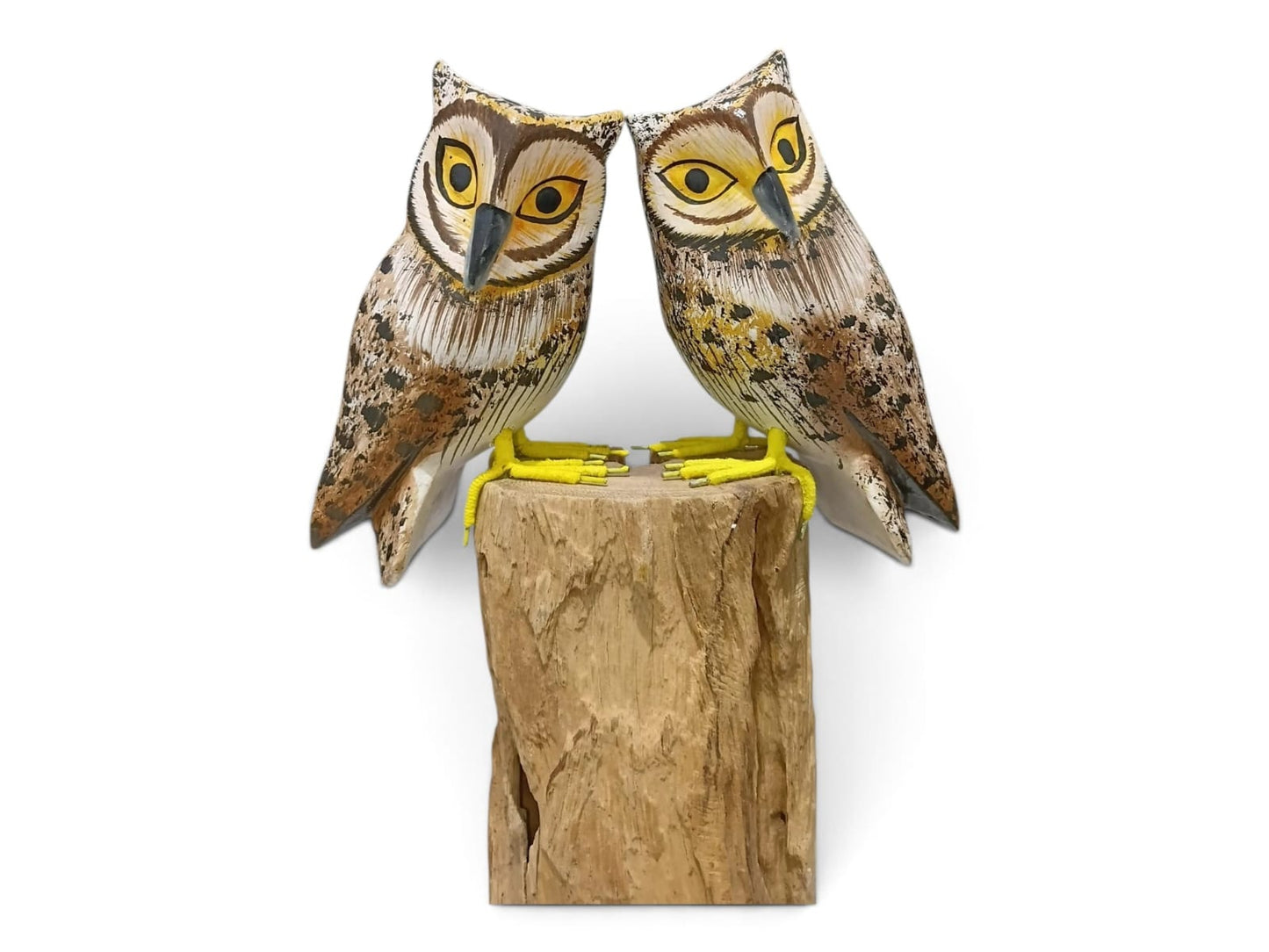 Hand Painted Brown Wooden Owl Couple on Tall Rootwood Sculpture