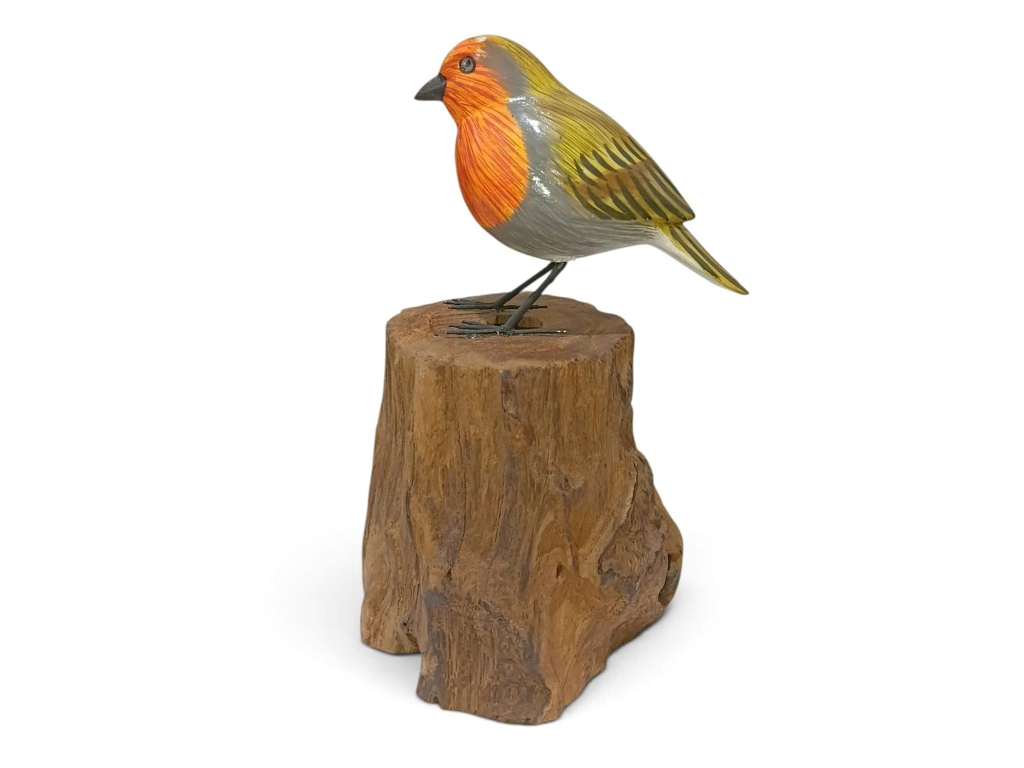 Hand Painted Wooden Robin Bird on Natural Tree Stump Sculpture