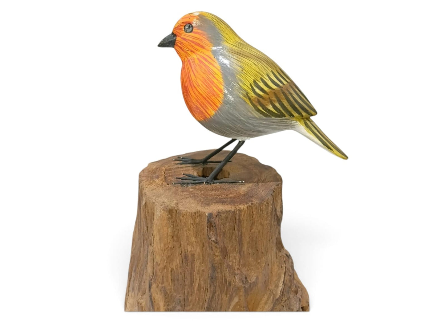 Hand Painted Wooden Robin Bird on Natural Tree Stump Sculpture