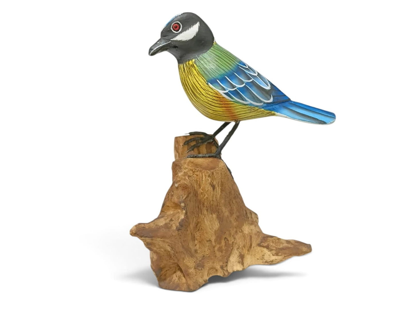 Hand Painted Wooden Blue Tit Bird on Natural Rootwood Sculpture