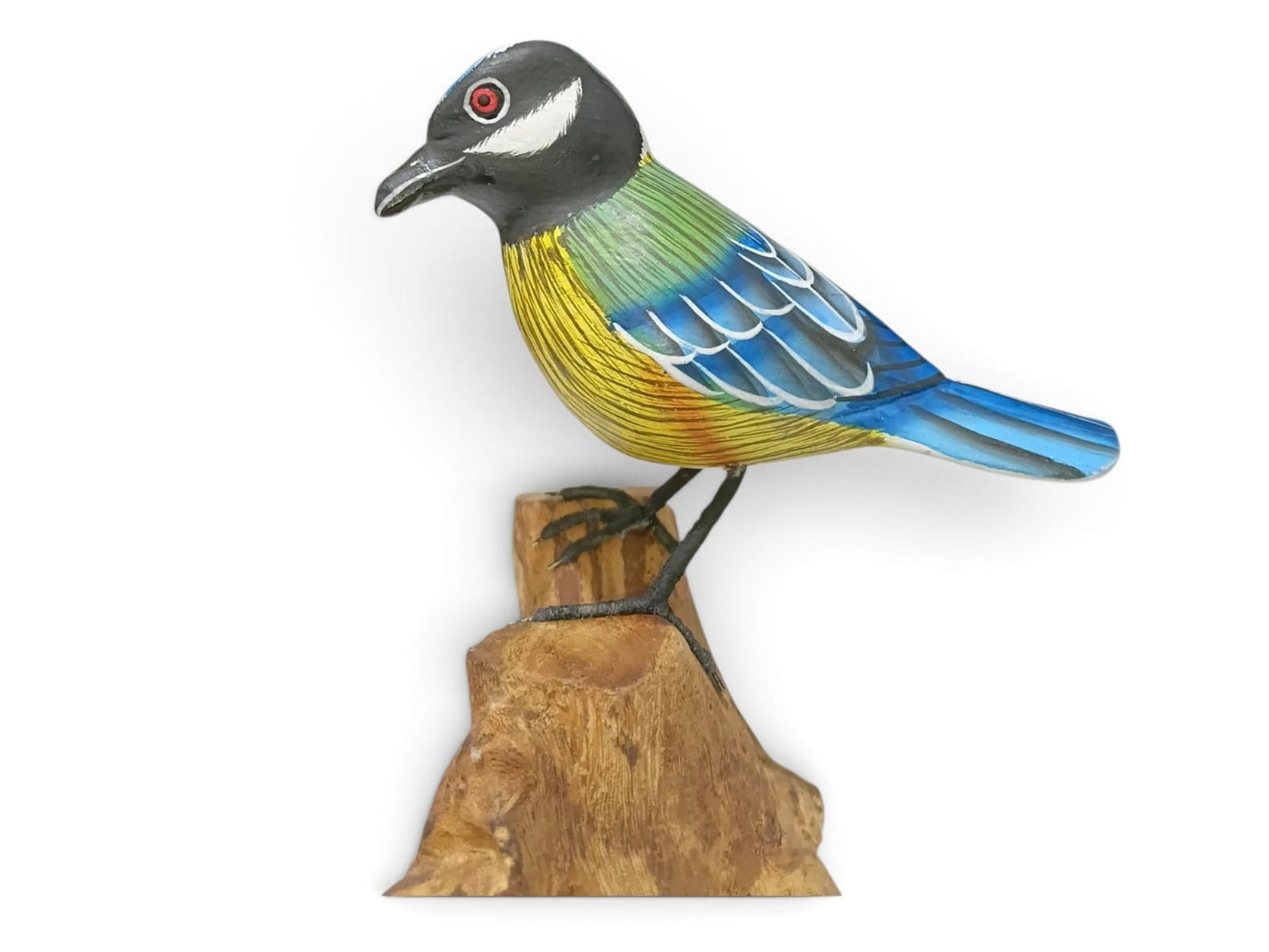 Hand Painted Wooden Blue Tit Bird on Natural Rootwood Sculpture