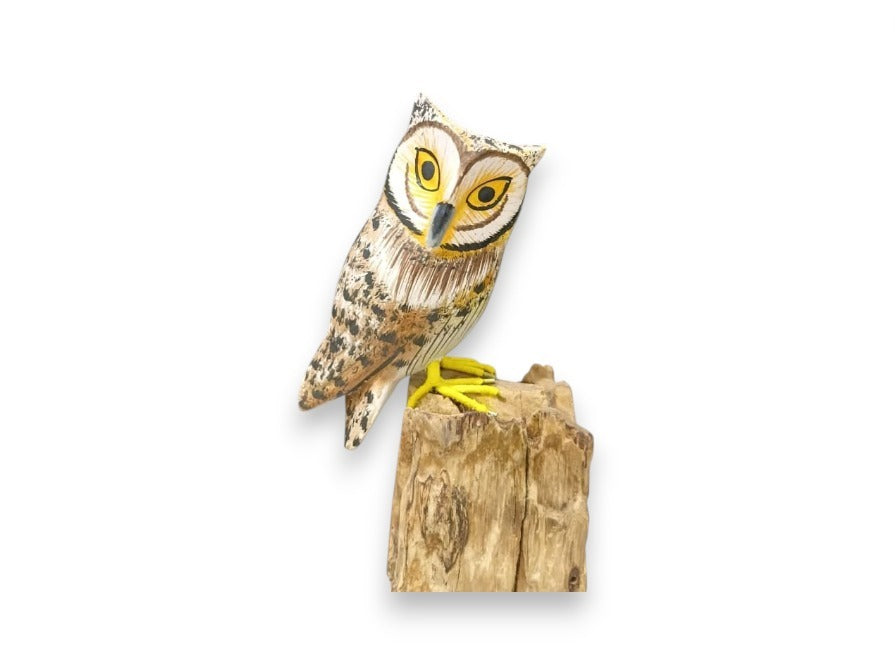 Hand Painted Wooden Owl on Tall Natural Rootwood Sculpture