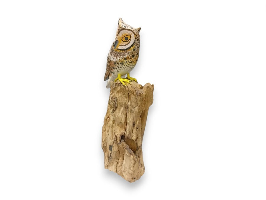 Hand Painted Wooden Owl on Tall Natural Rootwood Sculpture