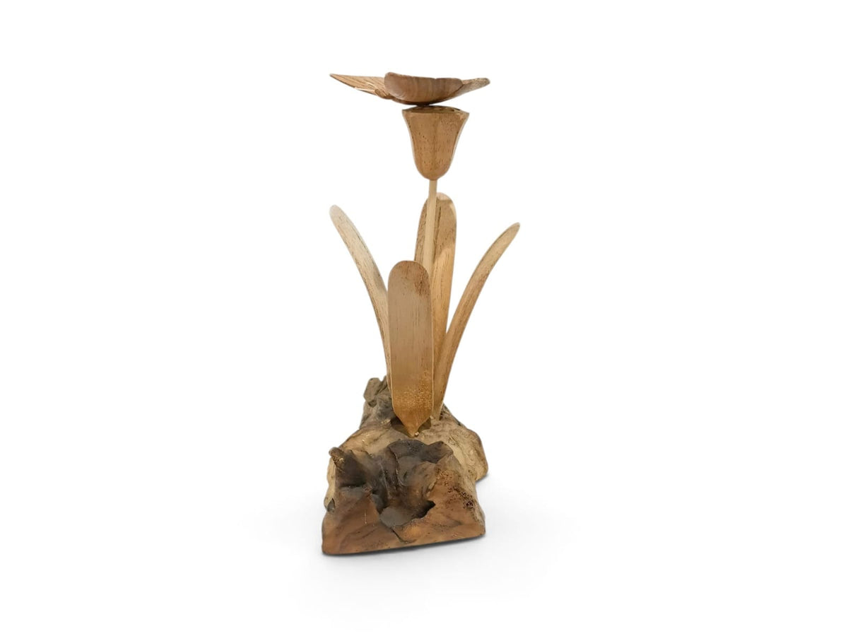 Hand-Carved Wooden Butterfly on Tall Flower with Leaves Sculpture