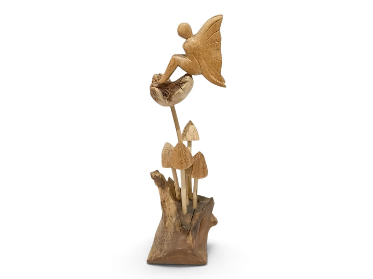 Hand-Carved Wooden Fairy on Flower with Four Mushrooms Sculpture