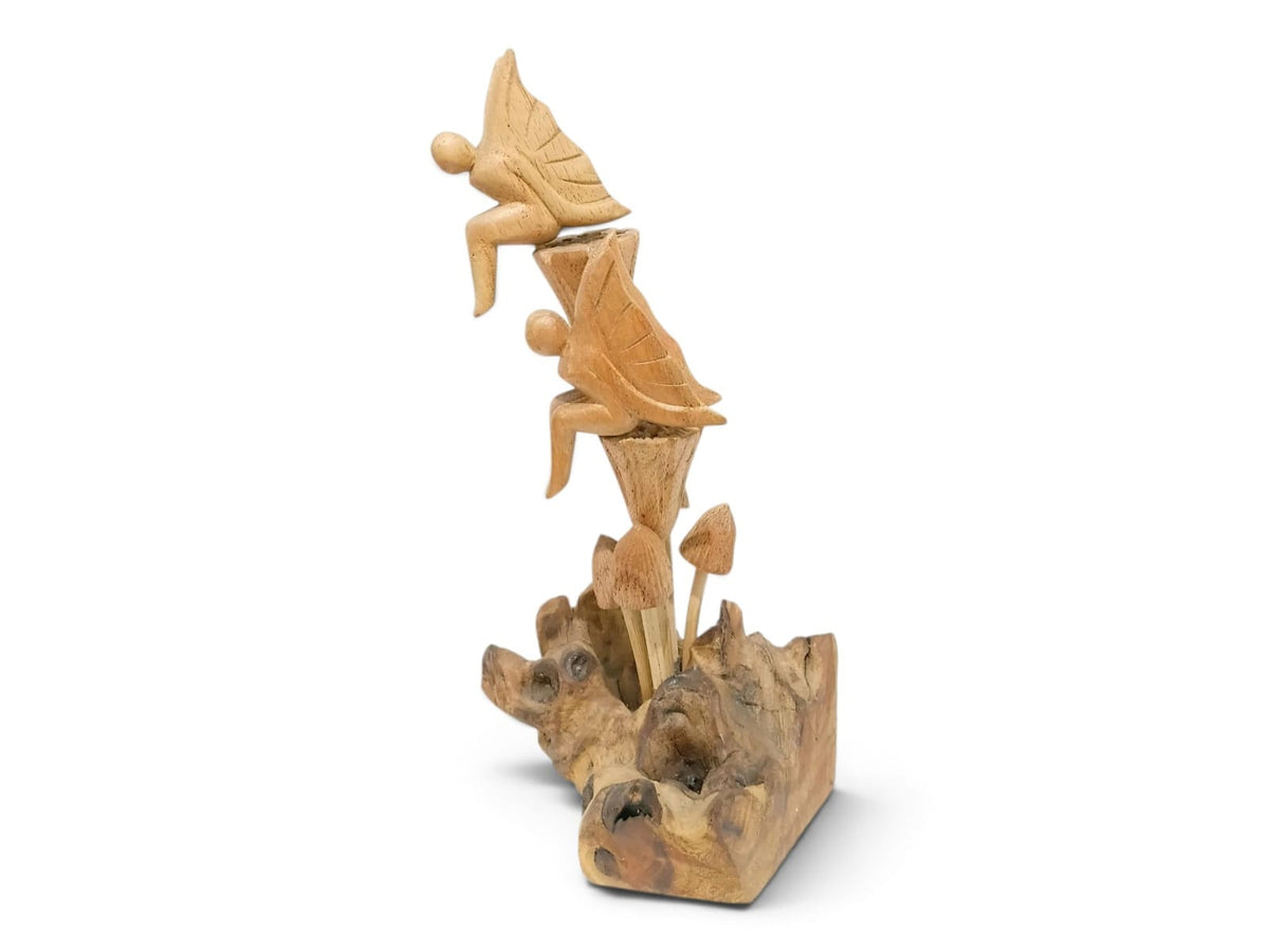 Two Hand-Carved Wooden Fairies on Flowers with Mushroom Sculpture