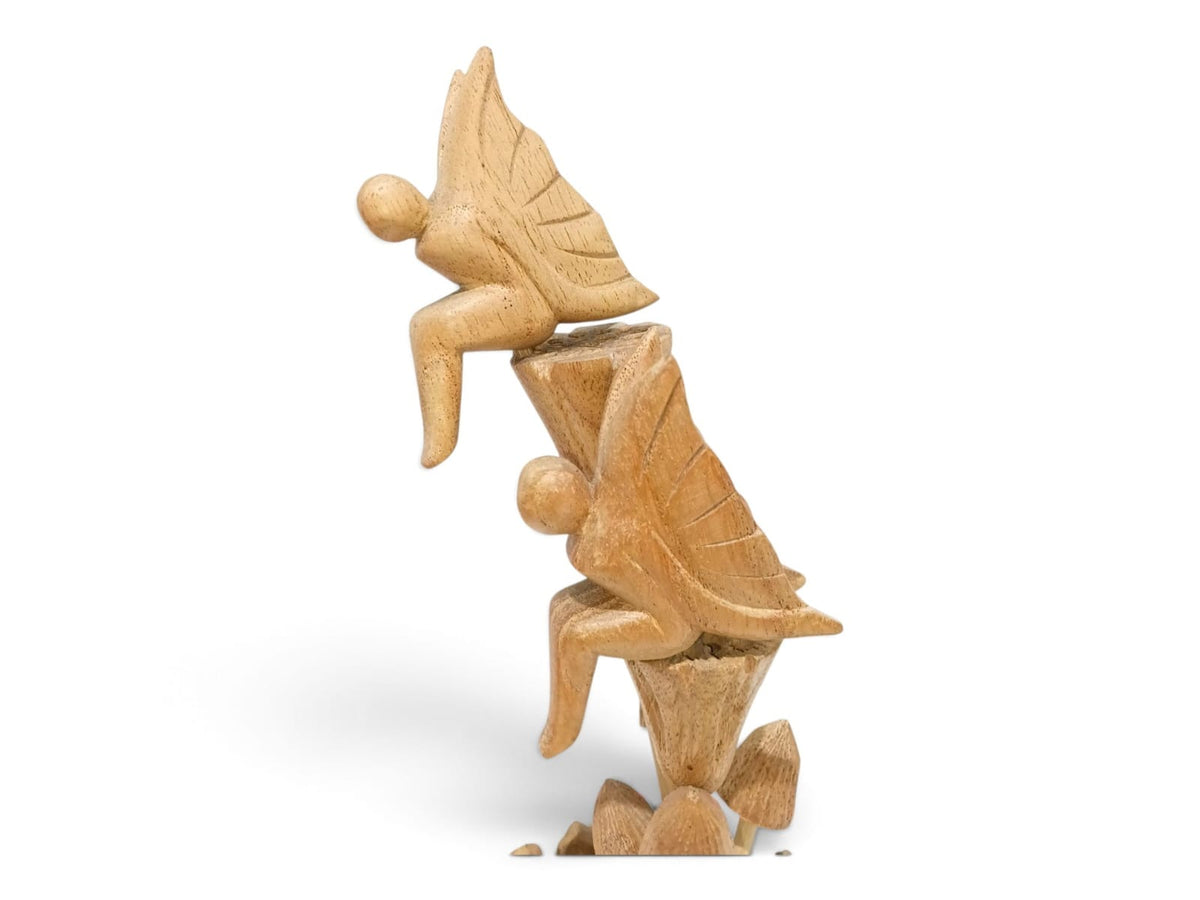 Two Hand-Carved Wooden Fairies on Flowers with Mushroom Sculpture