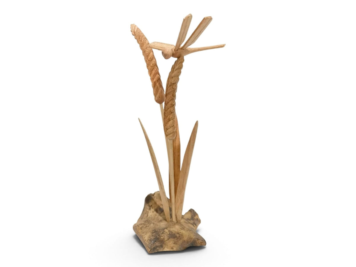 Hand-Carved Wooden Dragonfly and Wheat Sculpture on Natural Wood Base