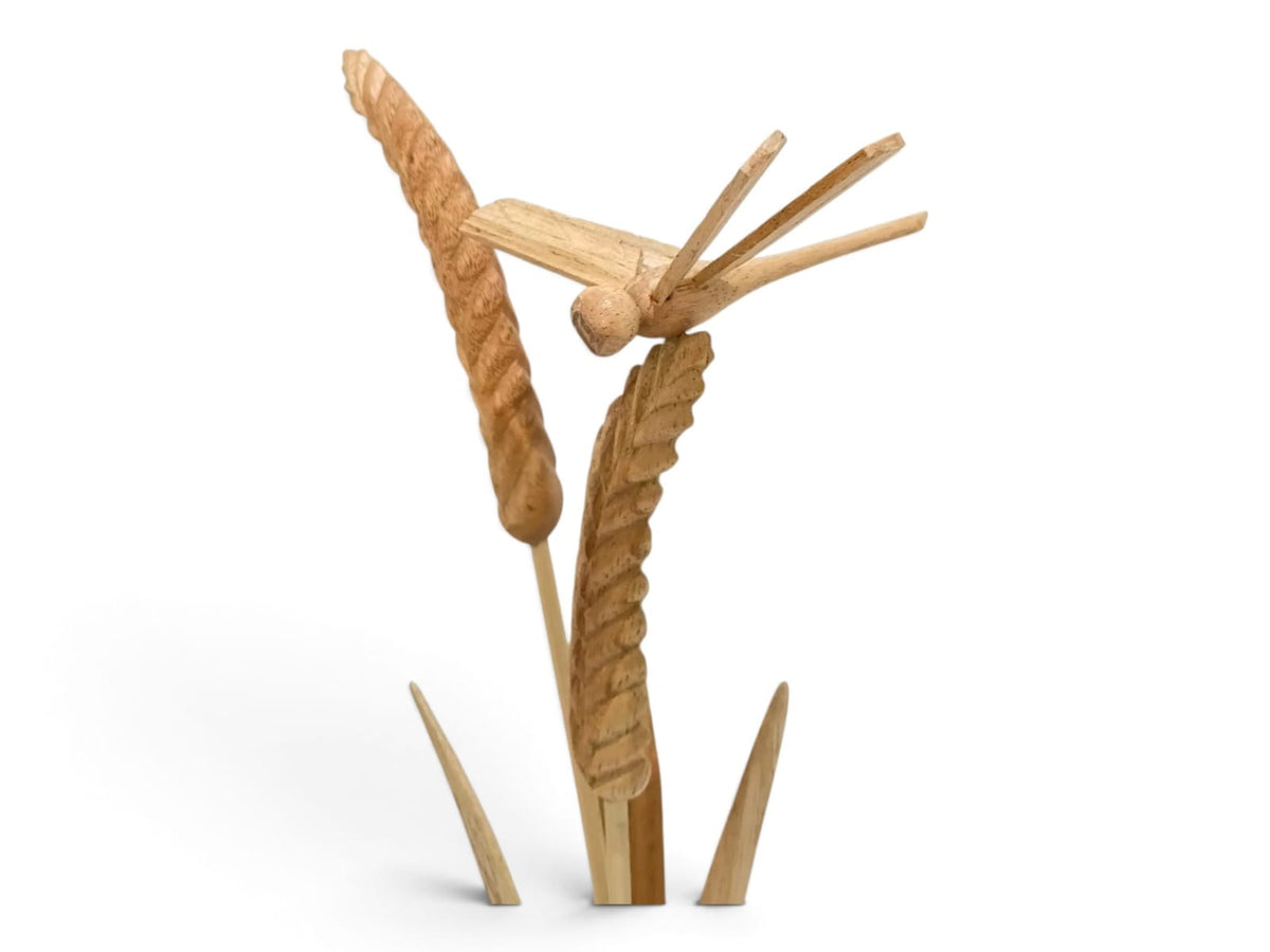 Hand-Carved Wooden Dragonfly and Wheat Sculpture on Natural Wood Base