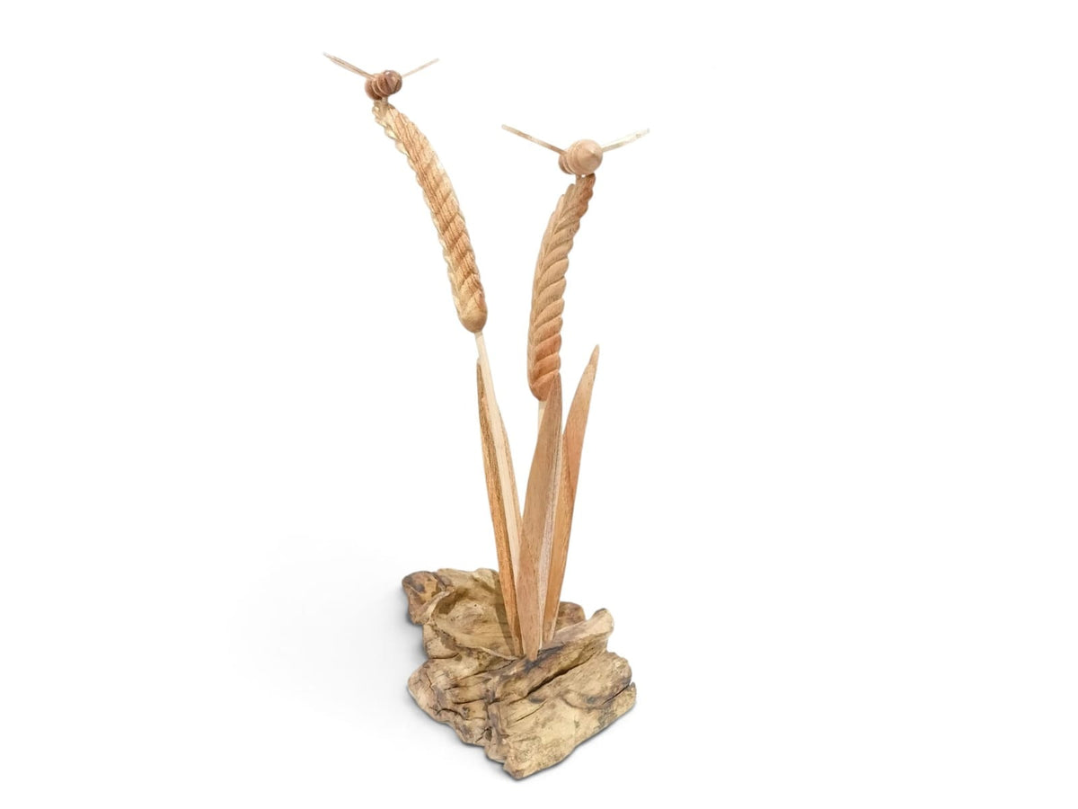 Hand-Carved Wooden Bees and Wheat Sculpture on Natural Wood Base