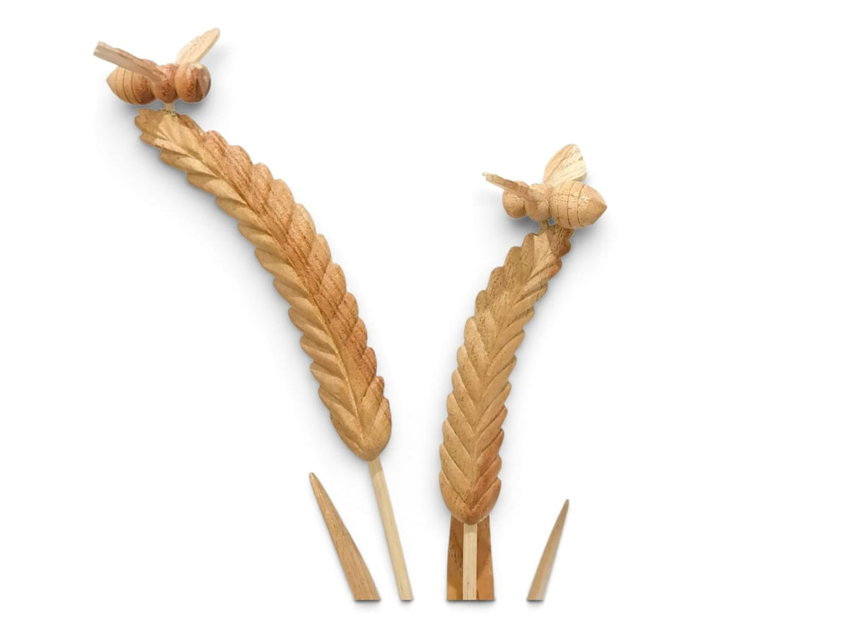 Hand-Carved Wooden Bees and Wheat Sculpture on Natural Wood Base
