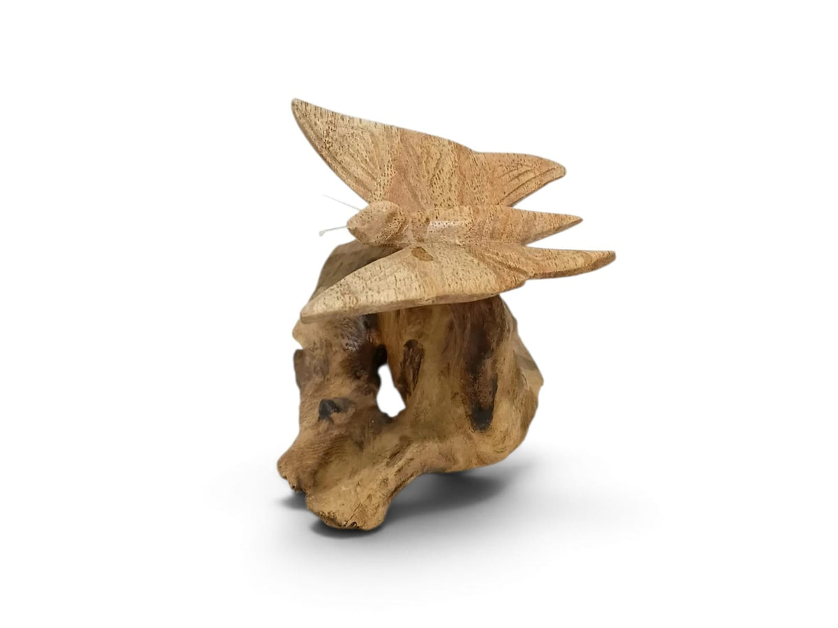 Hand-Carved Wooden Butterfly Sculpture on Natural Wood Base