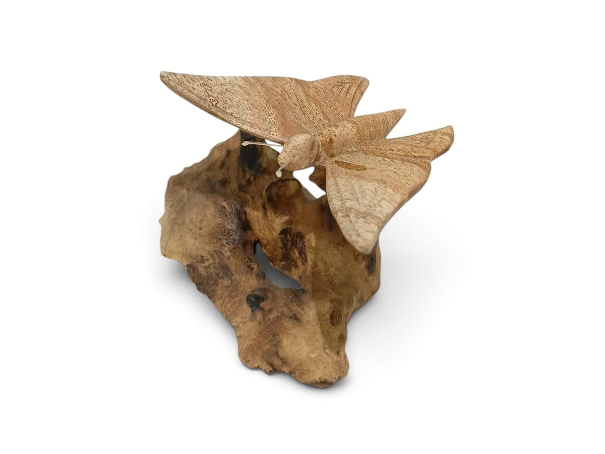 Hand-Carved Wooden Butterfly Sculpture on Natural Wood Base