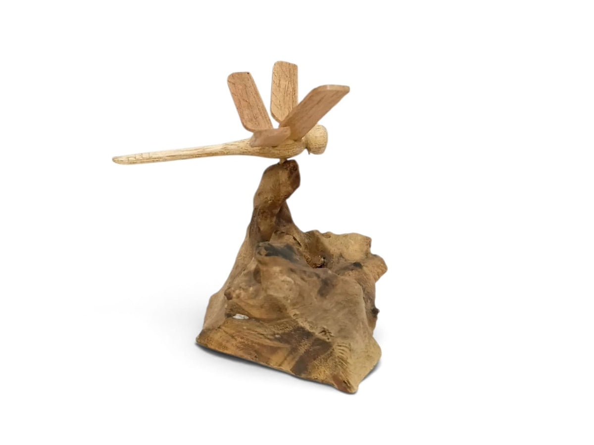 Hand-Carved Wooden Dragonfly Sculpture on Natural Wood Base
