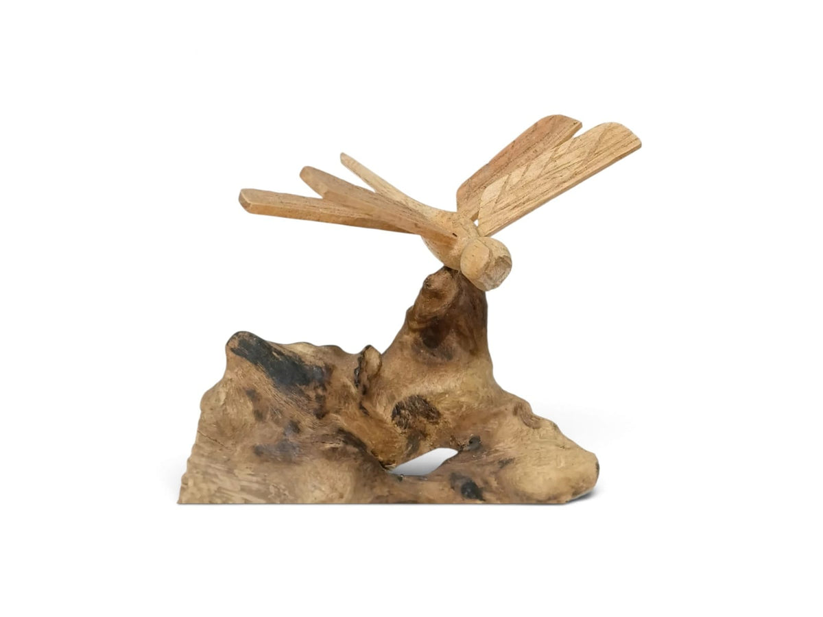 Hand-Carved Wooden Dragonfly Sculpture on Natural Wood Base