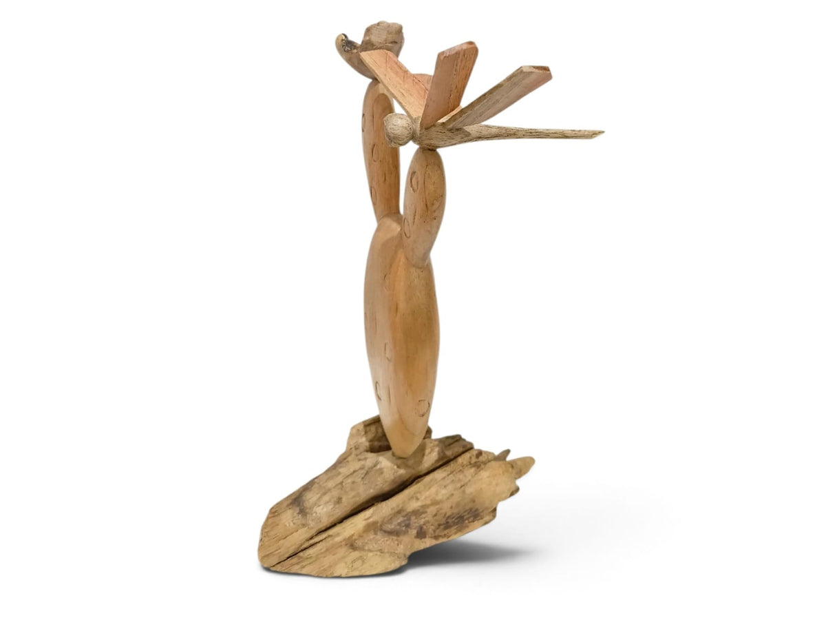Hand-Carved Wooden Cactus with Dragonfly Sculpture
